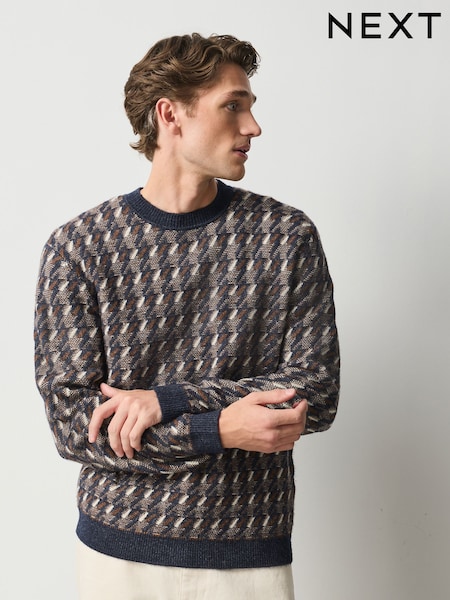海军蓝色 - Regular Pattern Cosy Crew Neck Jumper With Wool