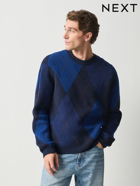 Blue Argyle - Regular Relaxed Fit Cosy Crew Neck Jumper With Wool