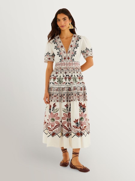 White - Farm Rio Ainika Rustic Flowers Winter Short Sleeve Maxi Dress