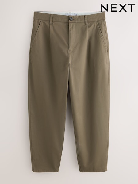 Brown - Barrel Fit Single Pleat Cotton Rich Stretch Chinos
