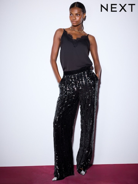 Black - Velvet Sequin Stripe Pull On Wide Leg Trousers