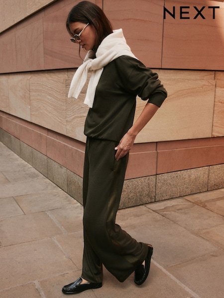 Khaki Green - Wide Leg Jersey Joggers With Satin Side Stripe