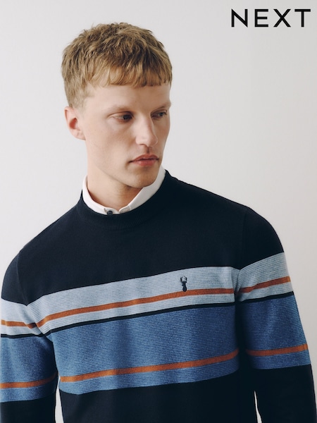 כחול כהה - Regular Oxford Mock Shirt Colour Block Stripe Jumper