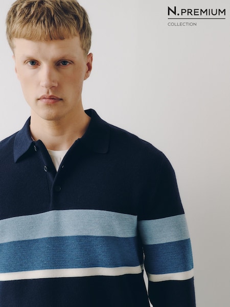 Navy Striped - Regular N. Premium Ultrasoft Smart Knitted Polo Shirt With Wool