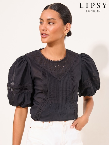 Black - Lipsy Lace Detail Pintuck Puff Sleeve Woven Top