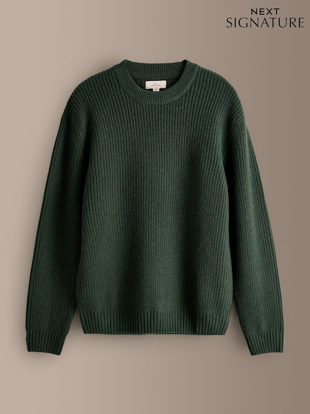 Green - Regular Signature Lambswool Rib Crew Neck Jumper