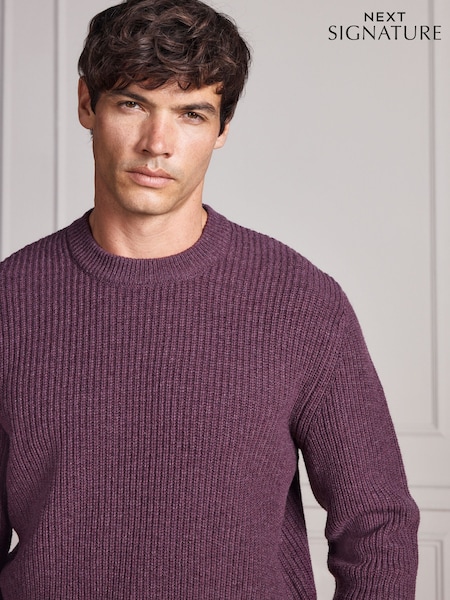 Purple - Regular Signature Lambswool Rib Crew Neck Jumper