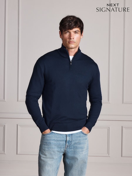 Navy Blå - Regular Merino Wool Signature Quarter Zip Jumper