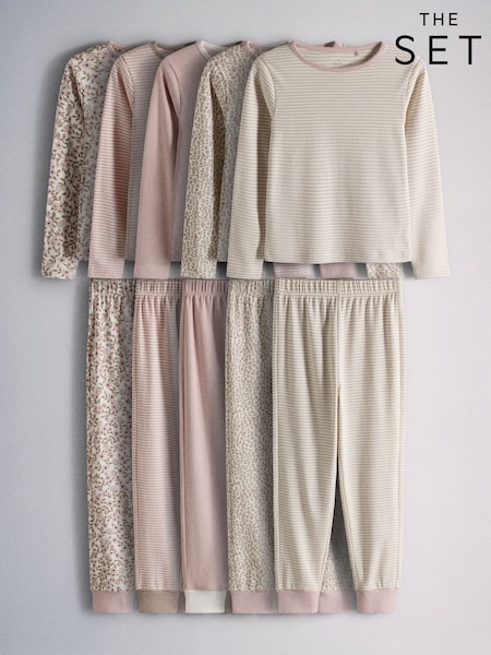 Pink/Cream/Ditsy Print/Stripe - The Set 5 Pack Cotton Jersey Long Sleeve Snuggle Pyjamas