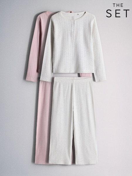 Rosa/crema - The Set 2 Pack Rib Jersey Long Sleeve Button Through Top And Wide Leg Pyjamas