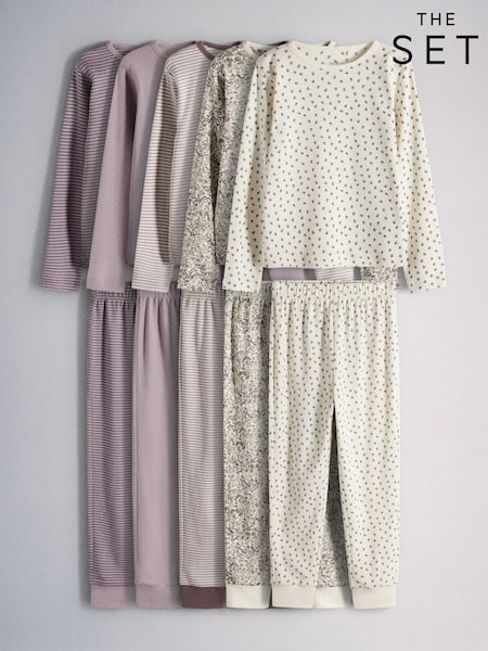Purple/Lilac/Cream/Ditsy Print/Stripe - The Set 5 Pack Cotton Jersey Long Sleeve Snuggle Pyjamas