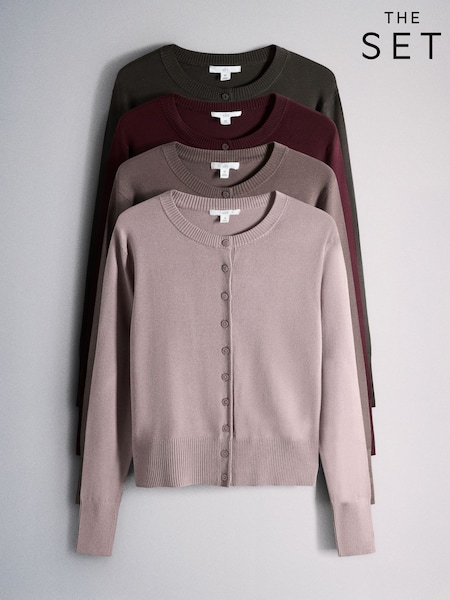 Raven/Grey Sparrow/Purple Quail/Mauve Red - The Set 4 Pack Fine Knit Button Through Cardigans