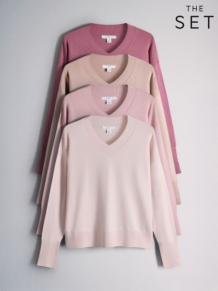 Rose Pinks/Light Pink/Cream - The Set 4 Pack Fine Knit V-neck Jumpers