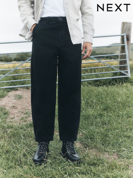 შავი - Barrel Fit Cotton Rich Trousers