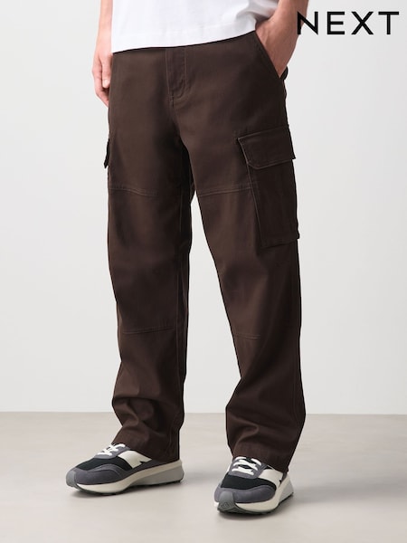 Dark Brown - Relaxed Fit Cotton Stretch Cargo Trousers