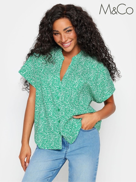 M&Co Green Petite Button Through Short Sleeve Shirt (V76614) | €8