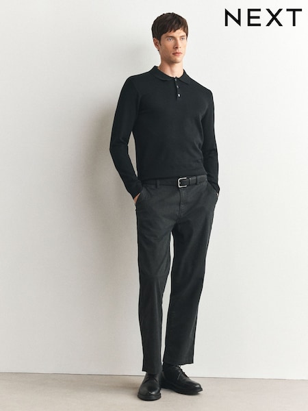 Charcoal Grey - Straight Fit Printed Belted Soft Touch Chino Trousers