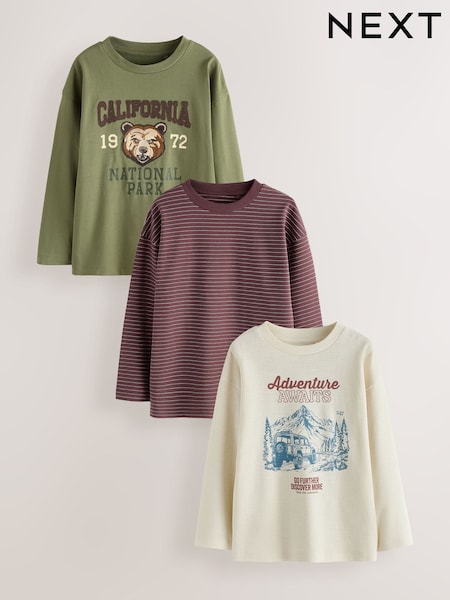 Berry/Green/Ecru - Graphic Long Sleeve Relaxed Fit T-shirts 3 Pack (3-16yrs)