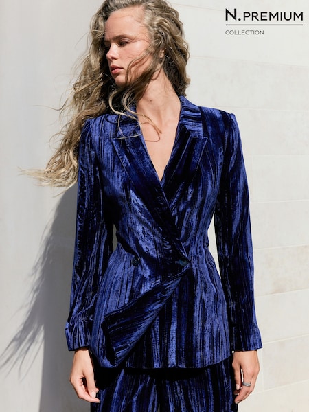 Cobalt Blue - N.premium Crinkle Velvet Belted Blazer
