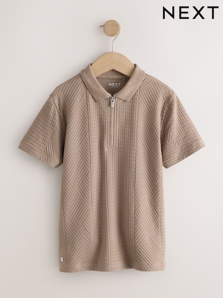 Mink Brown - Texture Zip Neck Short Sleeve Polo Shirt (3-16yrs)