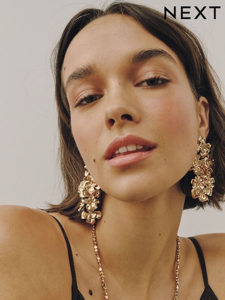 Gold Tone - Floral Statement Earrings