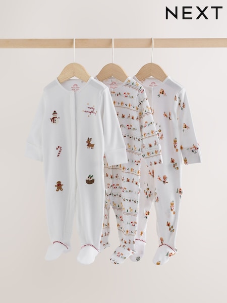 White - Baby Christmas Sleepsuits 3 Pack (0mths-2yrs)