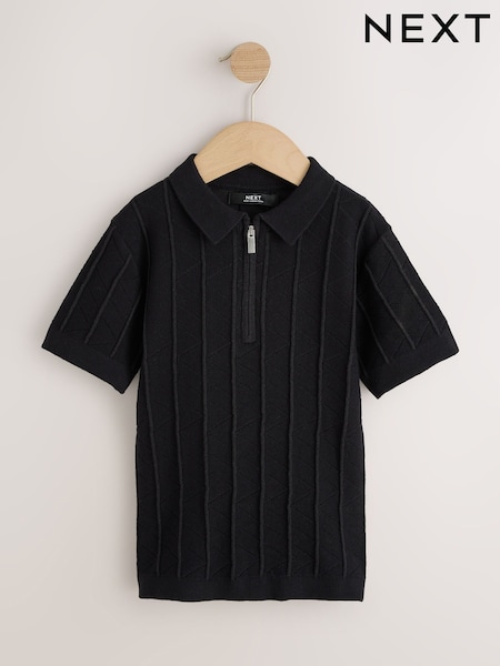 Black - Zip Neck Texture Short Sleeve Polo Shirt (3-16yrs)