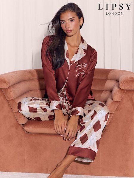 Sarkans/balts - Lipsy Christmas Argyle Satin Pyjamas Set