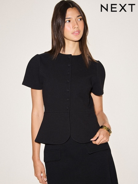 Black - Short Sleeved Peplum Jacket