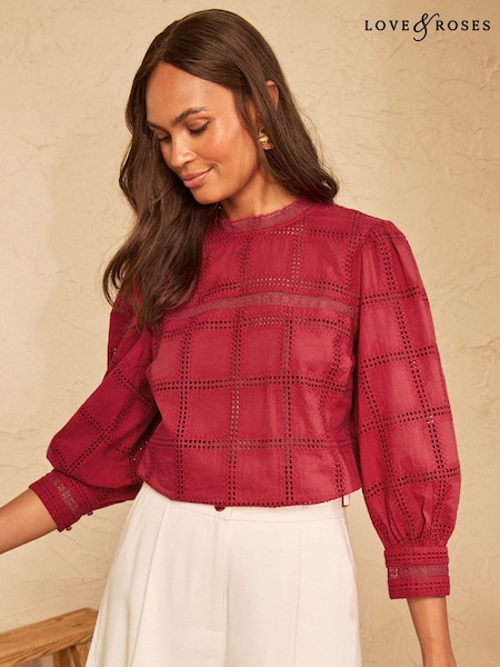 Red - Love & Roses 3/4 Sleeve Grid Broderie Blouse