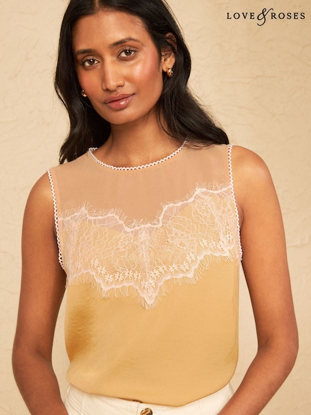 Butter Yellow - Love & Roses Lace Yoke Detail Satin Shell Top