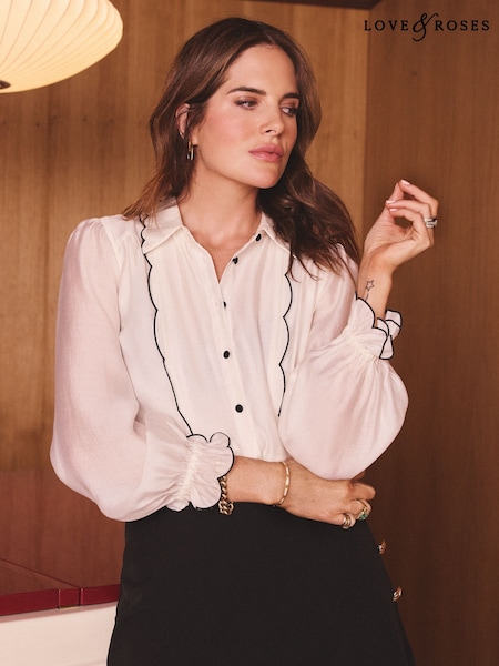 Ivory - Love & Roses Scallop Front Button Through Long Sleeve Shirt