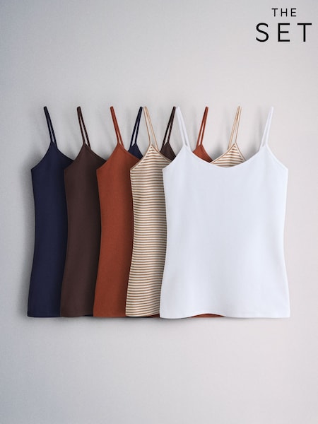 Laivastonsininen/ruskea/raita/okra/valkoinen - The Set 5 Pack Thin Strap Vest Topit