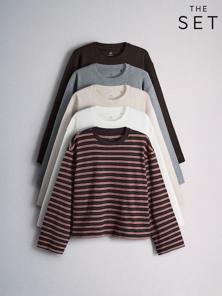 Brown/Grey Marl/Stripe/Neutral/Cream - The Set 5 Pack Heavyweight Relaxed Long Sleeve T-shirts