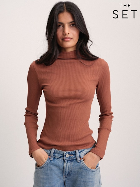 Brown/Ochre/Navy Blue - The Set 3 Pack Long Sleeve High Neck Ribbed T-shirts