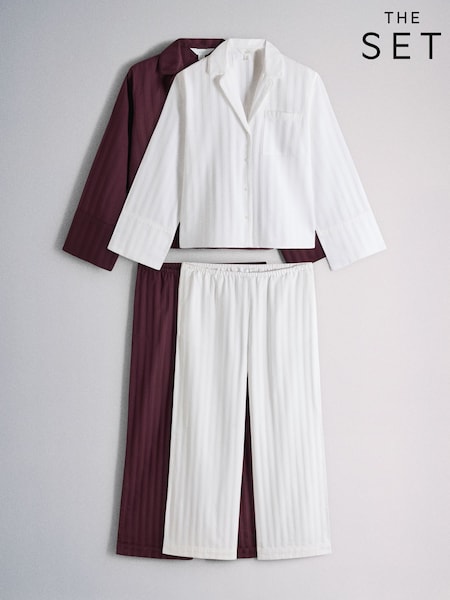 أبيض/وردي - The Set 2 Pack Premium Shadow Stripe Woven Button Through Pyjamas Set