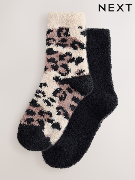 Black/Leopard Print - Cosy Ankle Socks 2 Pack