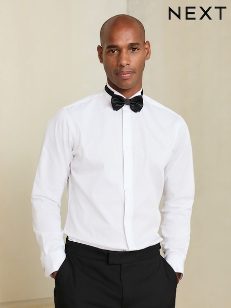 Ağ - Slim Fit Occasion Cotton Rich Twill Shirt And Satin Bow Tie Set
