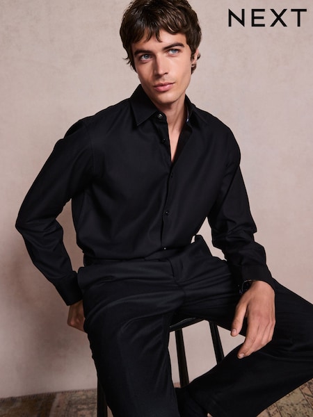 Czarny - Regular Fit Cotton Textured Slim Long Sleeve Formal Shirt With Trim
