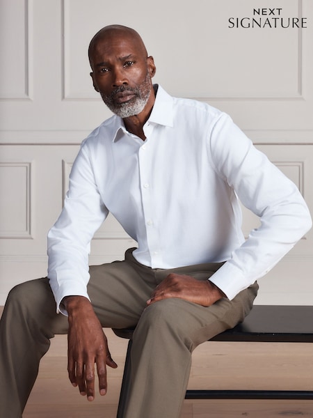 თეთრი - Regular Fit Signature Two-fold Cotton Textured Smart Shirt