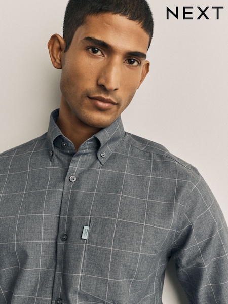 رمادي مموج - Regular Regular Fit Easy Iron Button Down Long Sleeve Oxford Check Shirt
