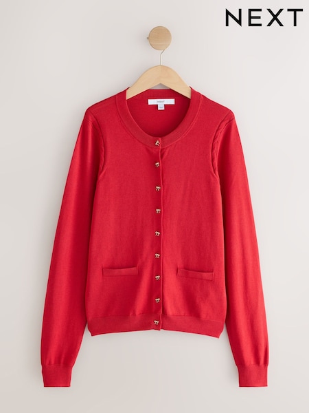 Red Bow Buttons - Soft Touch Cotton Rich Crew Neck Cardigan