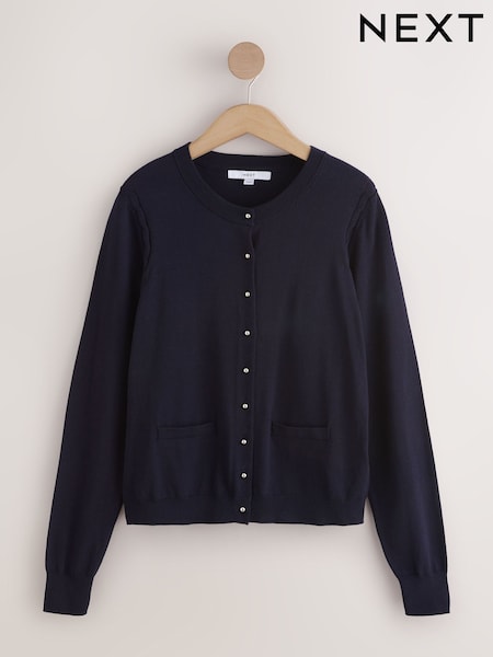 Navy - Soft Touch Cotton Rich Crew Neck Cardigan