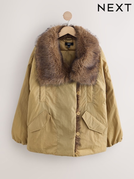 Sand - Faux Fur Trim Parka Bomber Jacket