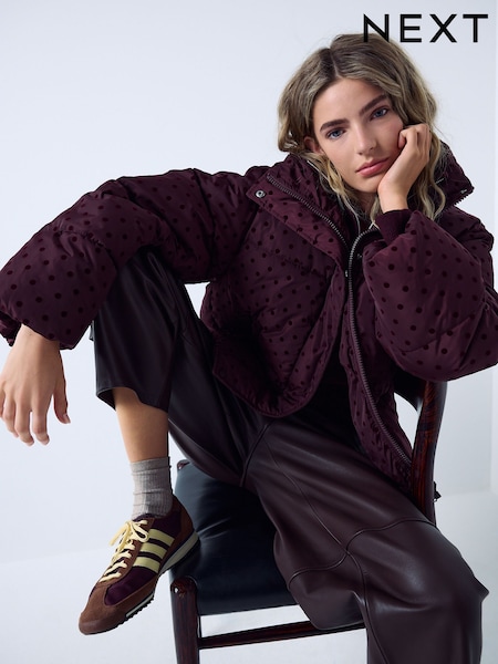 Pois rouge bordeaux - Short Funnel Neck Padded Puffer Jacket