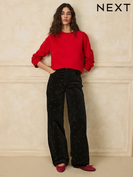 Black Heart Embroidery - Corduroy Wide Leg Jeans