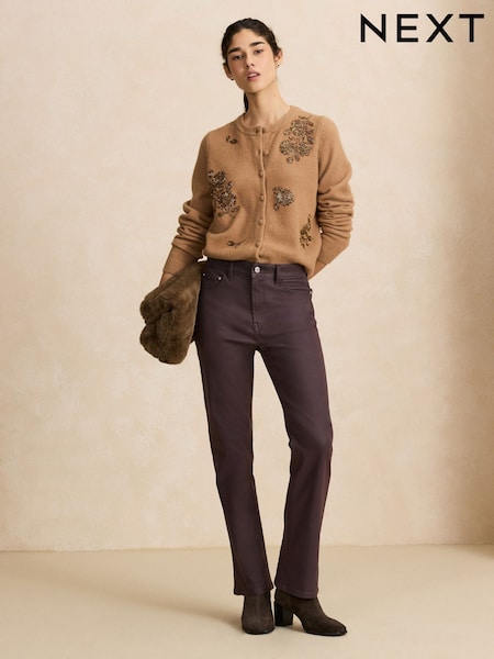 Roșu vișiniu - Mid Rise Coated Denim Crop Bootcut Jeans