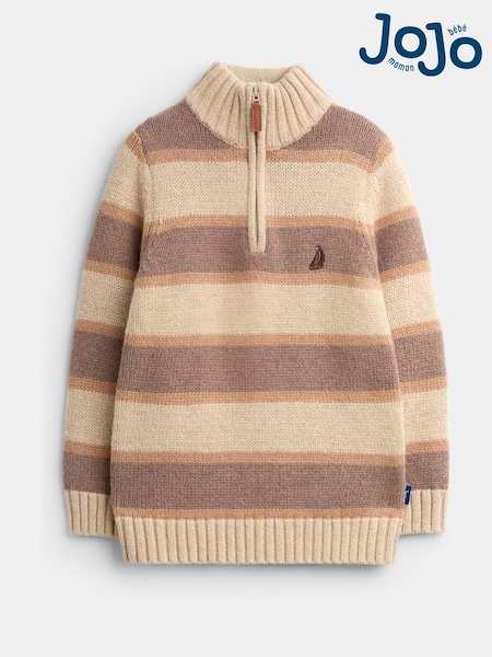 Mid Brown Stripe - Jojo Maman Bébé Half Zip Knitted Jumper
