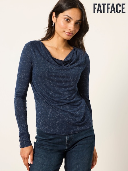 Navy - Fatface Sparkle Cowl Neck Long Sleeve Top
