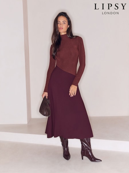 Burgundy Red - Lipsy Cosy High Neck 2 In 1 Satin Dropped Asym Waist Midi Dress